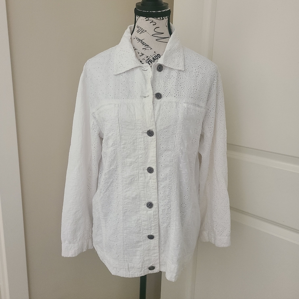 Jean Jacket White Eyelet Cotton Mixed Media Oversized Chicos Size M-L